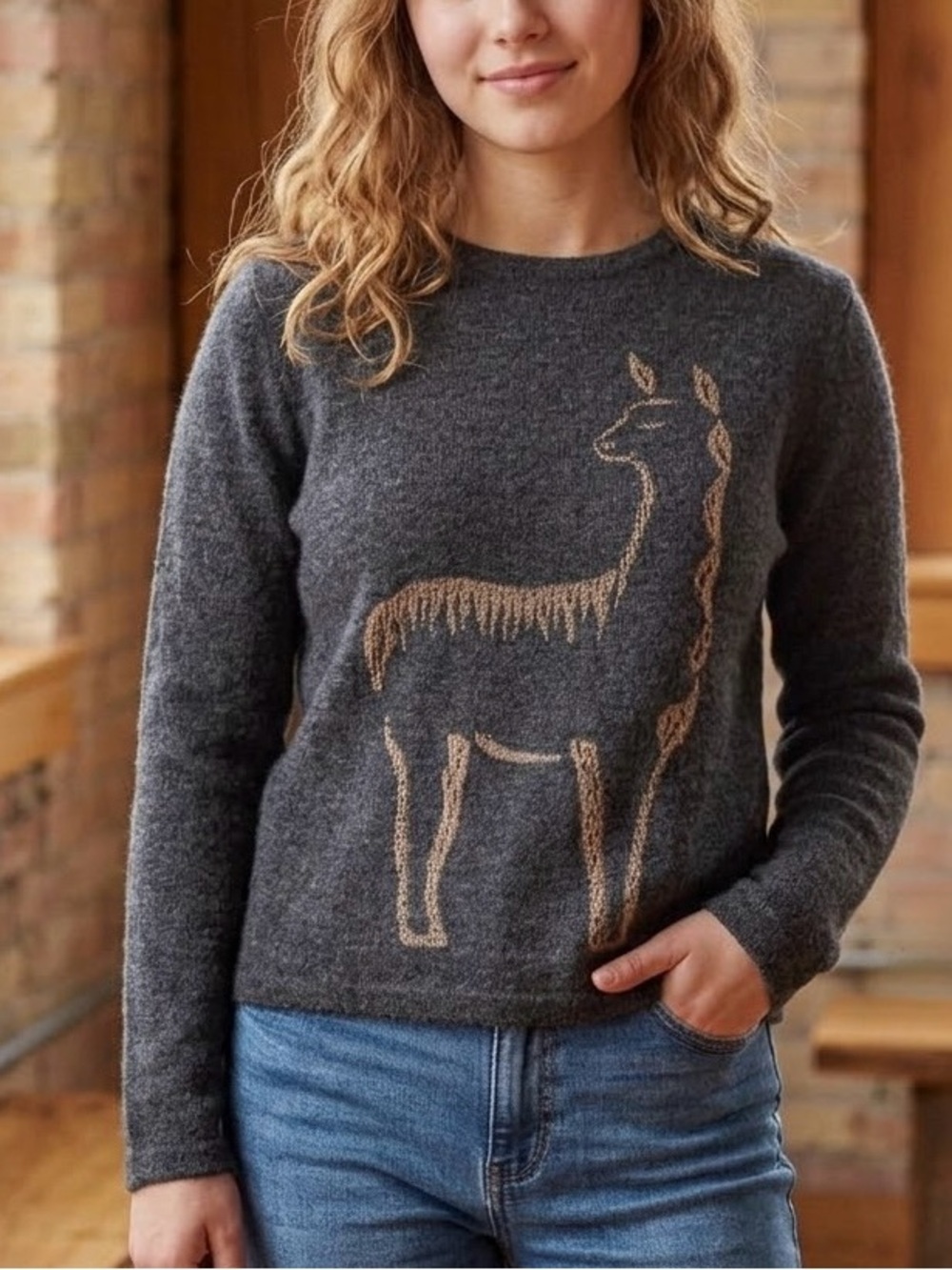 100% Baby Alpaca Knit Sweater with Llama Graphic (NWT) Size: S